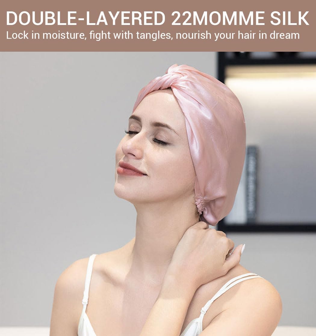 LaCourse 100% Genuine 22Momme Silk Bonnet for Sleeping, Double-Layered Mulberry Silk Hair Wrap with Premium Elastic Stay on Head. (One Size, Pink)