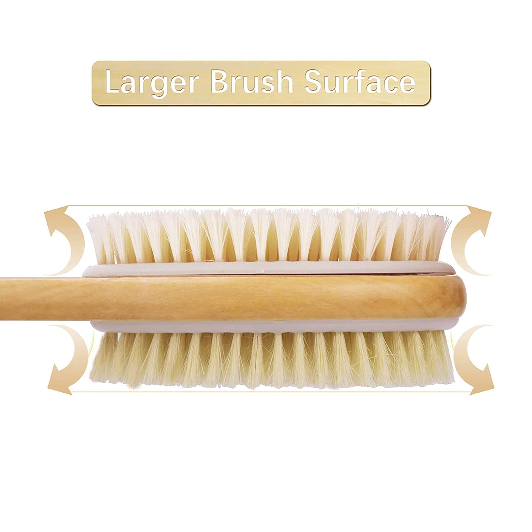 Metene Back Scrubber for Shower, Shower Brush for Exfoliating Skin and A Soft Scrub, Double-sided Body Brush Head for Wet or Dry Brushing, Long Wooden Handle Cleans the Body Easily