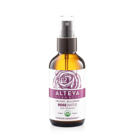 Alteya Organics Rose Water USDA Certified Organic Facial Toner, 4 Fl Oz/120mL Pure Bulgarian Rosa Damascena Flower Water, Award-Winning Moisturizer Amber Glass Spray Bottle