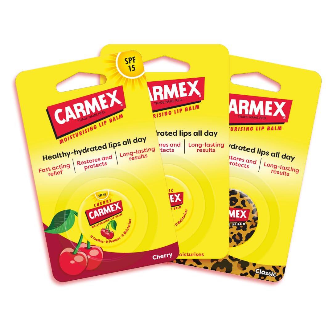 Carmex Lip Balm Pot Mixed Pack of 3 (Cherry, Classic & Wild), 7.5 g (Pack of 3)