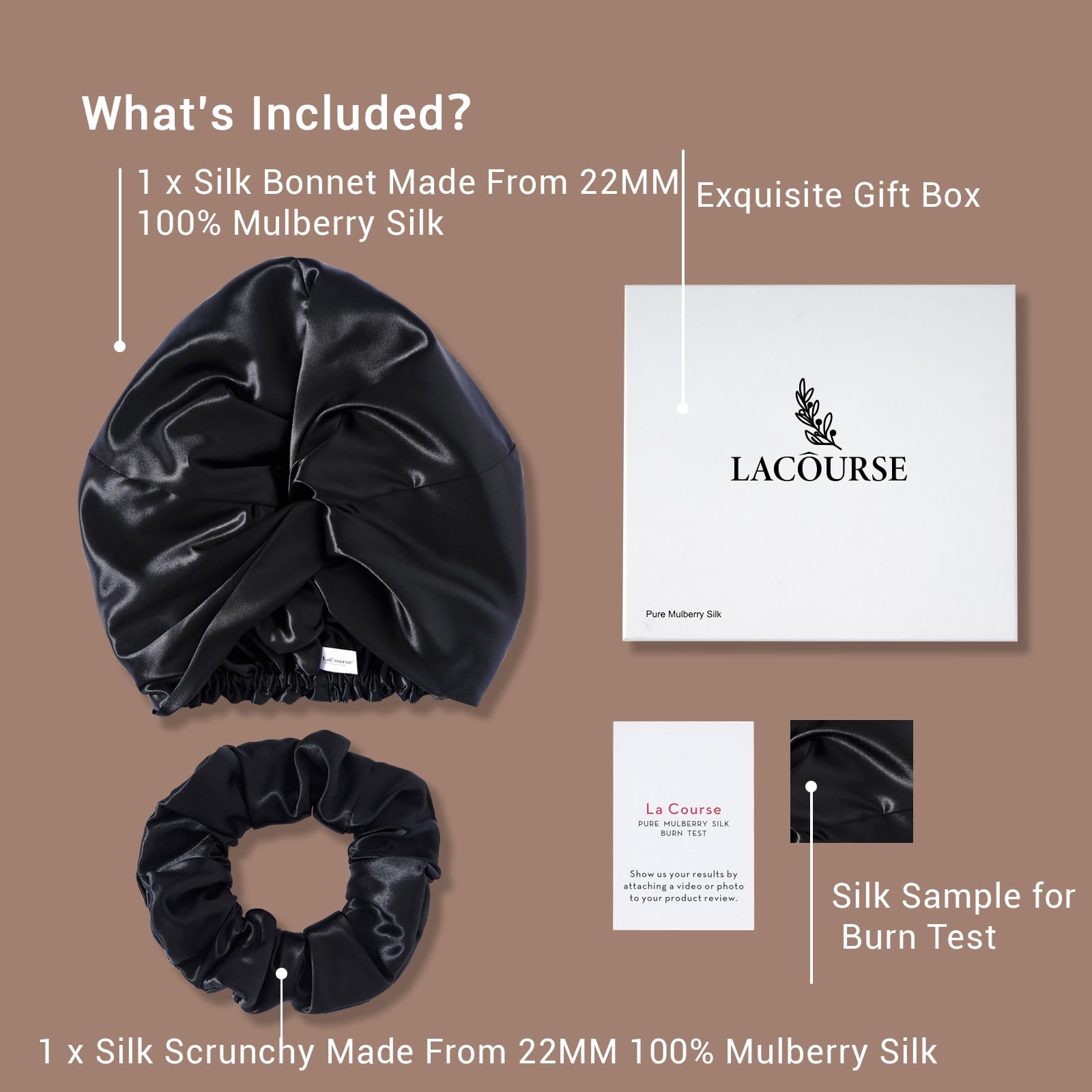 LaCourse 100% Genuine 22Momme Silk Bonnet for Sleeping, Double-Layered Mulberry Silk Hair Wrap with Premium Elastic Stay on Head. (One Size, Black)