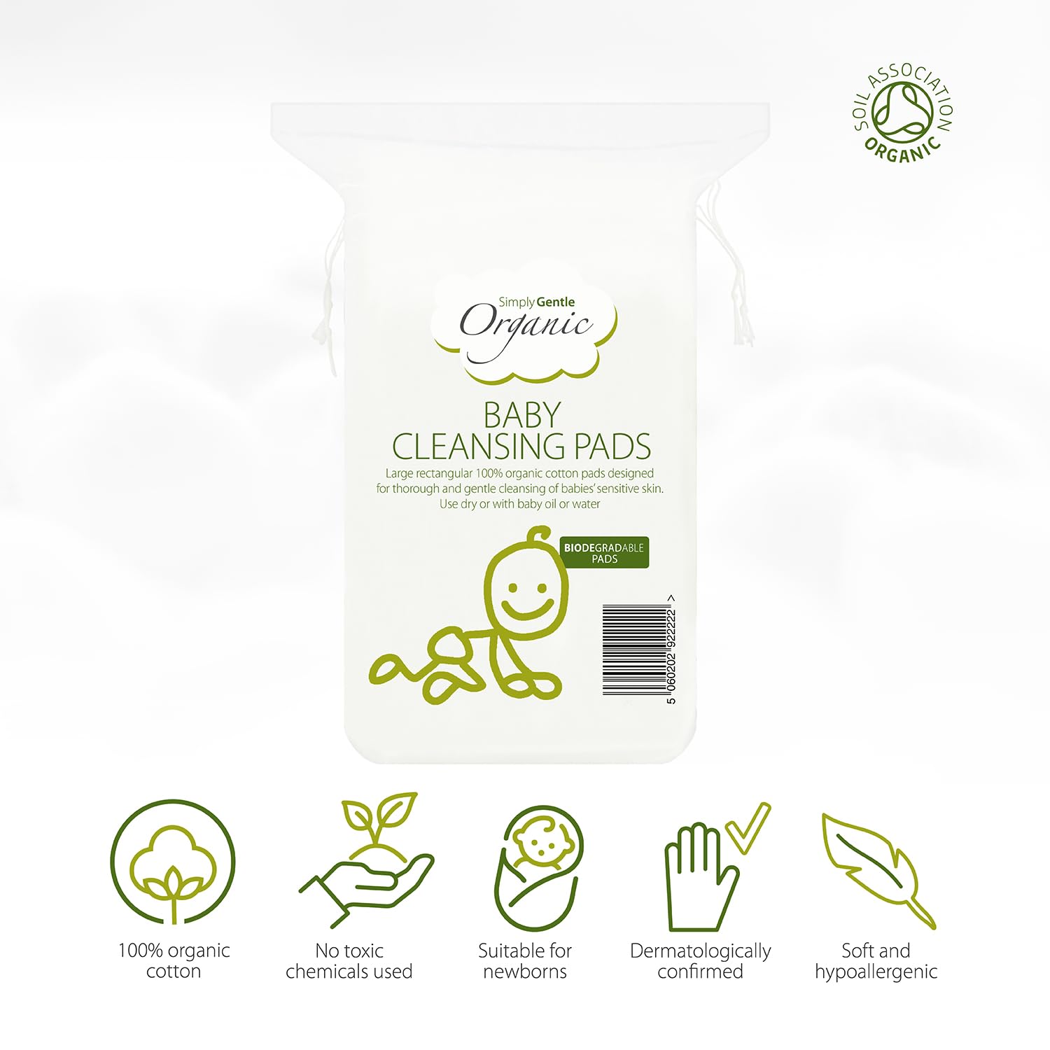 Simply Gentle Baby Cleansing Pads - Perfect for Sensitive Skin - Pure Cotton Pads for Newborn Baby - Free from Odours or Irritants - Rectangular Shaped Disposable Cotton Pads - 3 Packs of 60 Pads