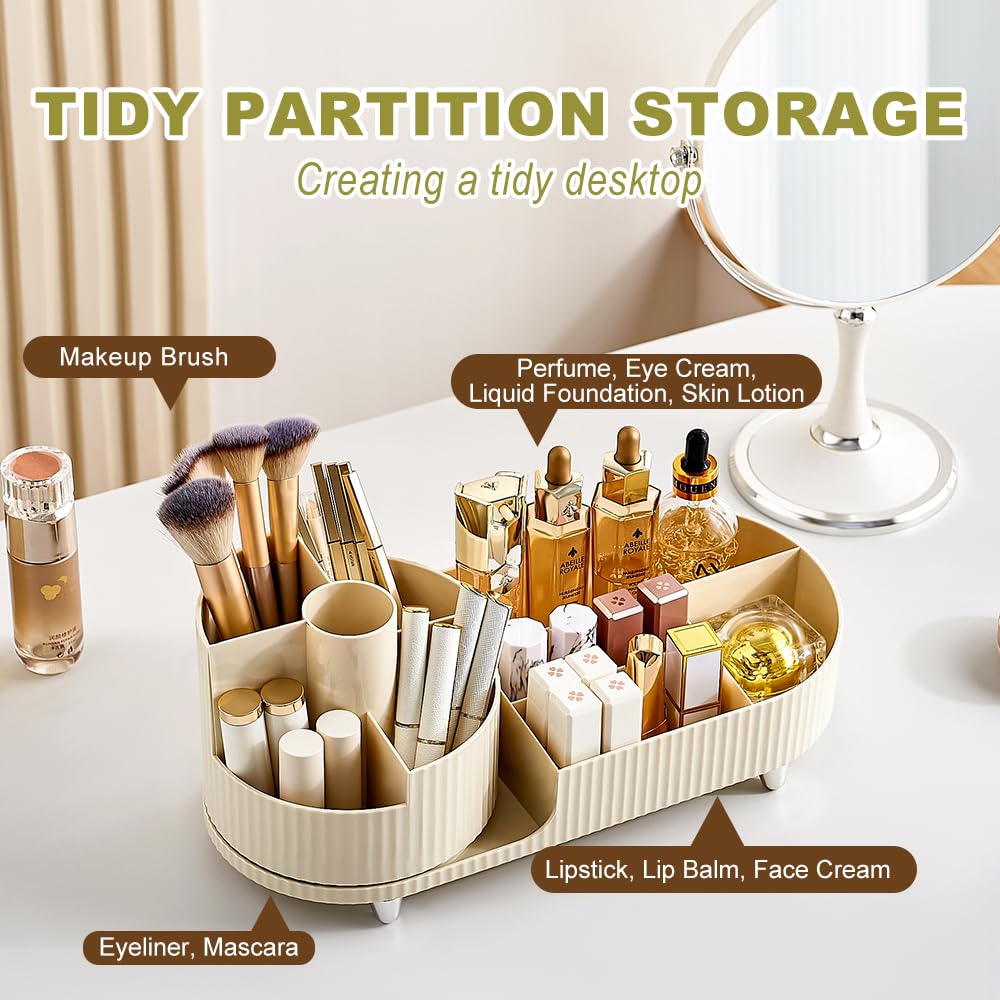 BULLA Makeup Organiser, 360 Rotating Makeup Organiser, Rotating Compartment 2 In 1 Cosmetic Storage, Makeup Organizer Storage Is Perfect for Dresser, Bathroom, Bedroom (Milky White)