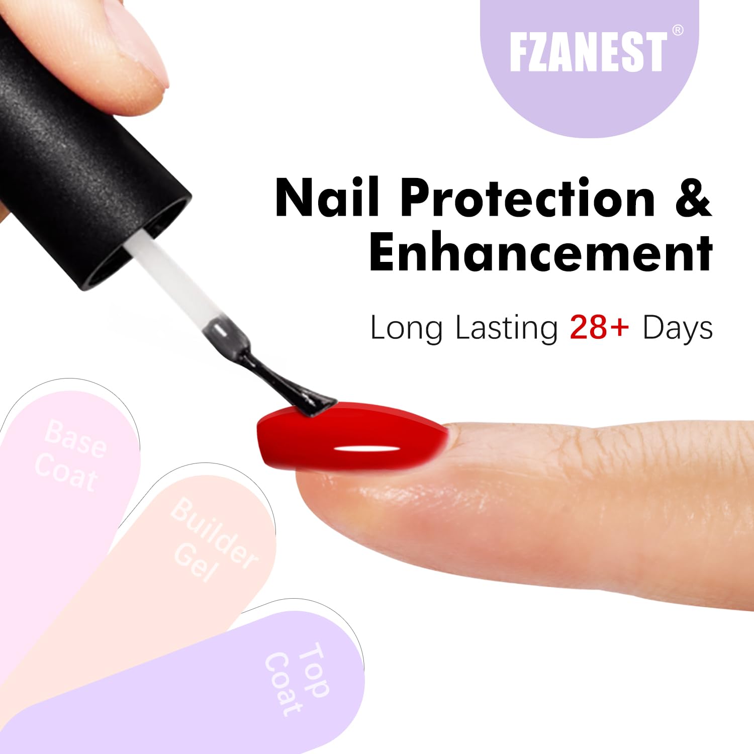 FZANEST Builder Nail Gel With Top and Base Coat HEMA Free, 15ml * 3pcs Gel Polish Kit for Nail Thickening Apex Extension Soak Off No Wipe Top Finish Base LED Lamp Cured