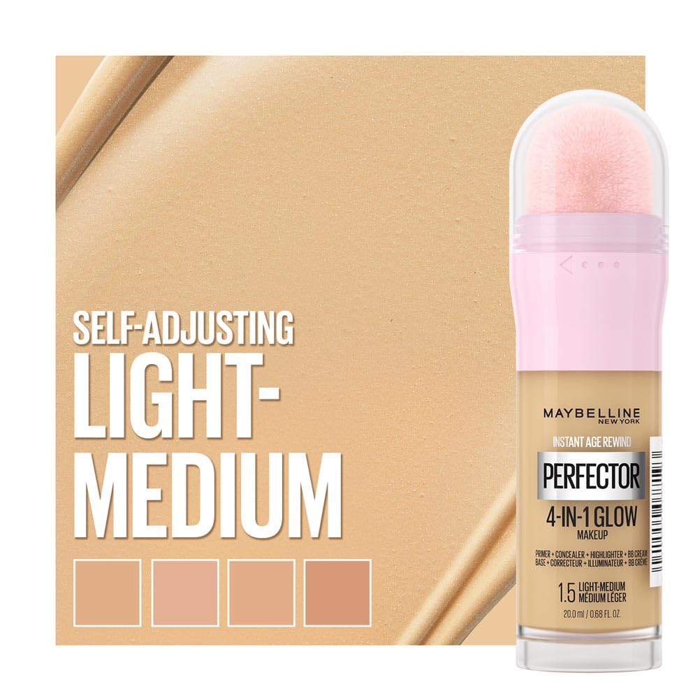 Maybelline New York Instant Anti Age Rewind Perfector, 4-In-1 Glow Primer, Concealer, Highlighter, Self-Adjusting Shades, Evens Skin Tone with a Glow Finish, Shade: 1.5 Light Medium, 20.0 milliliters