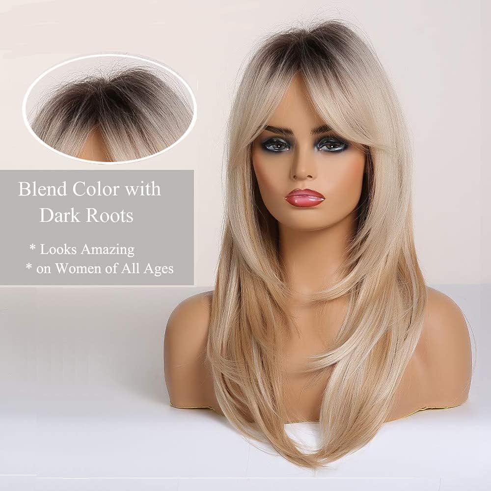 Esmee 20 Inches Long Straight Blonde Layered Synthetic Hair Wigs for Women with Dark Roots for Daily Party Use
