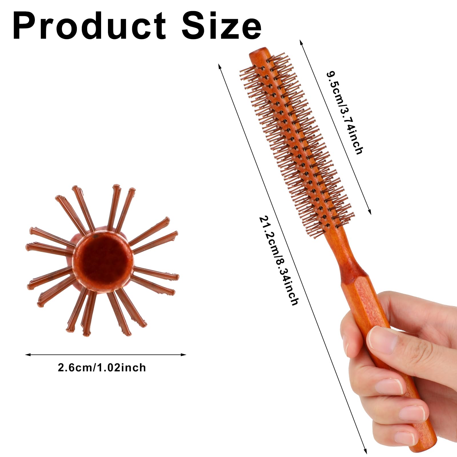 Mozeat Lens Small Round Hair Brush, Wooden Handle, Nylon Bristles, Travel Size, Adds Volume and Facilitates Styling and Curling of Short Hair, Unisex, Brown