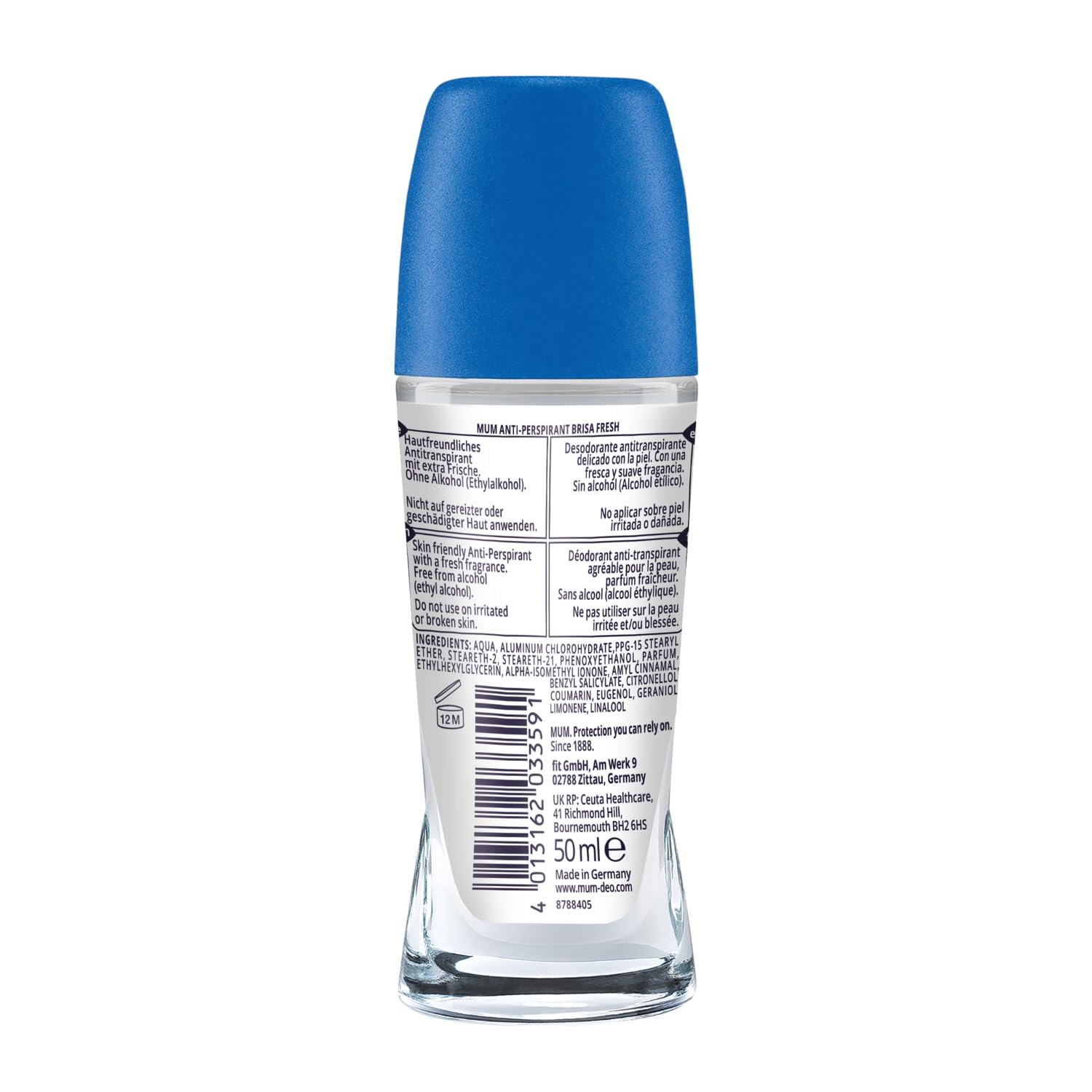 Mum Brisa Fresh Roll On Deodorant, 48 Hours Plus Protection, Anti-Perspirant, Vegan, Sustainable Glass Bottle, Alcohol Free Womens Mens Deodorant, Fresh Breeze Fragrance, 50 ml, Pack of 6