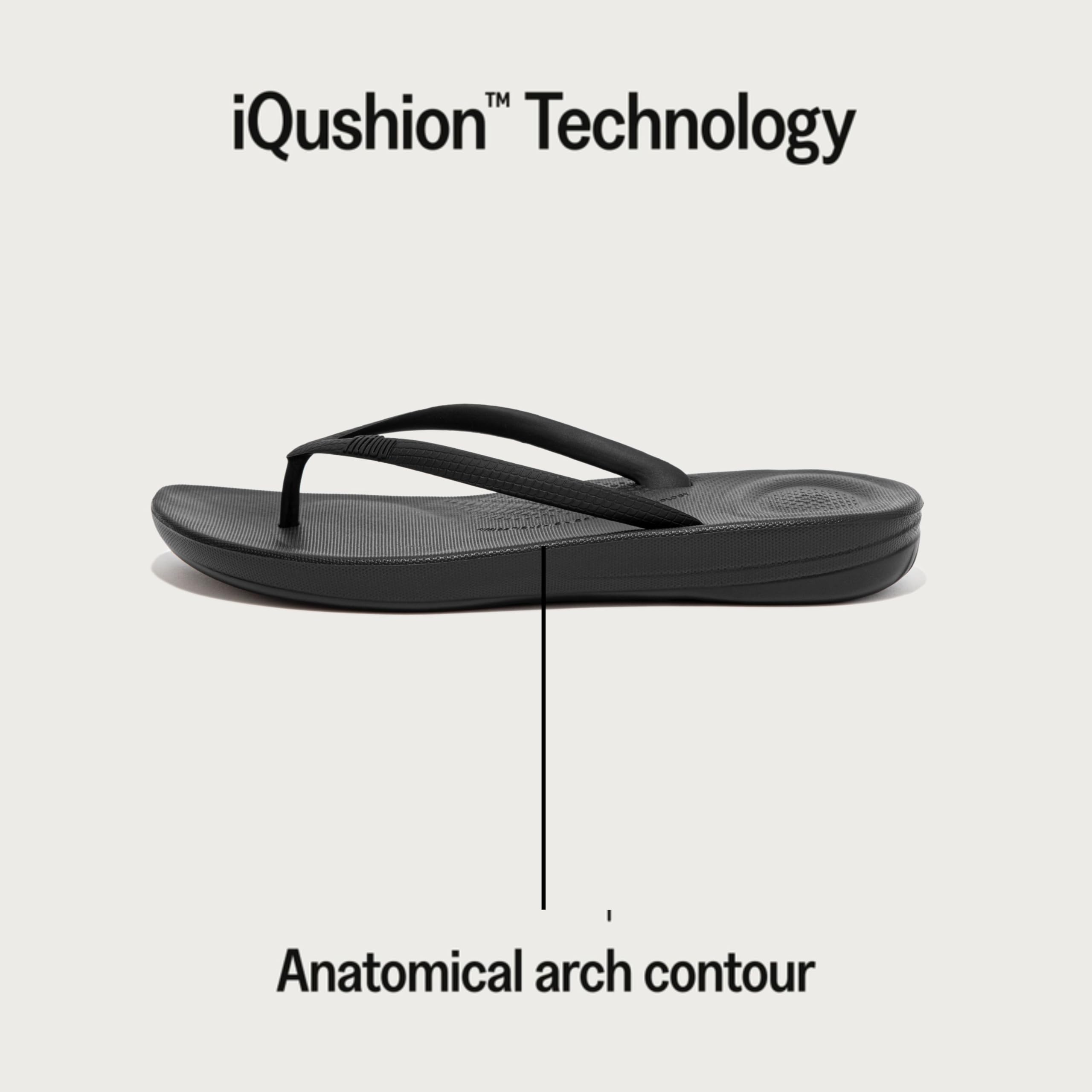 FitFlop Women's iQushion Rubber Flip-Flips with Contoured Footbed for Walking, Lightweight Ergonomic Flip Flop Sandals with Arch Support and Foot Impact Pillows, All Black, 8 US Women