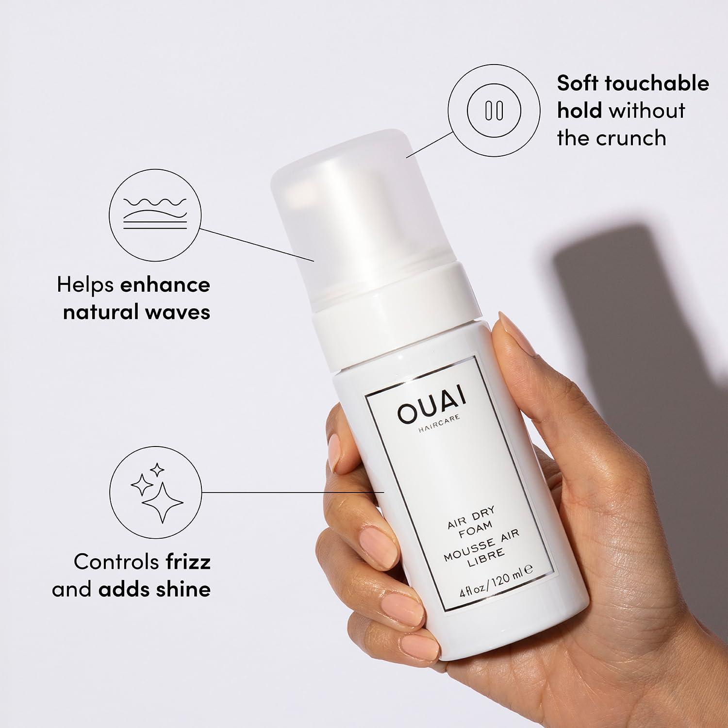 OUAI Air Dry Foam - Hair Mousse for Perfect Beach Waves - With Kale and Carrot Extract to Condition, Detangle and Protect Hair - Paraben, Phthalate and Sulfate Free Hair Styling Products - 120ml