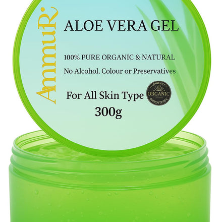 Ammuri Organic Aloe Vera Gel | 100% Pure Aloe from Freshly Cut Leaves | No Acrylates or Crosspolymers | Fast-Absorbing & Non-Sticky Formula | Hydrating & Soothing Skin Care | Big 300ml