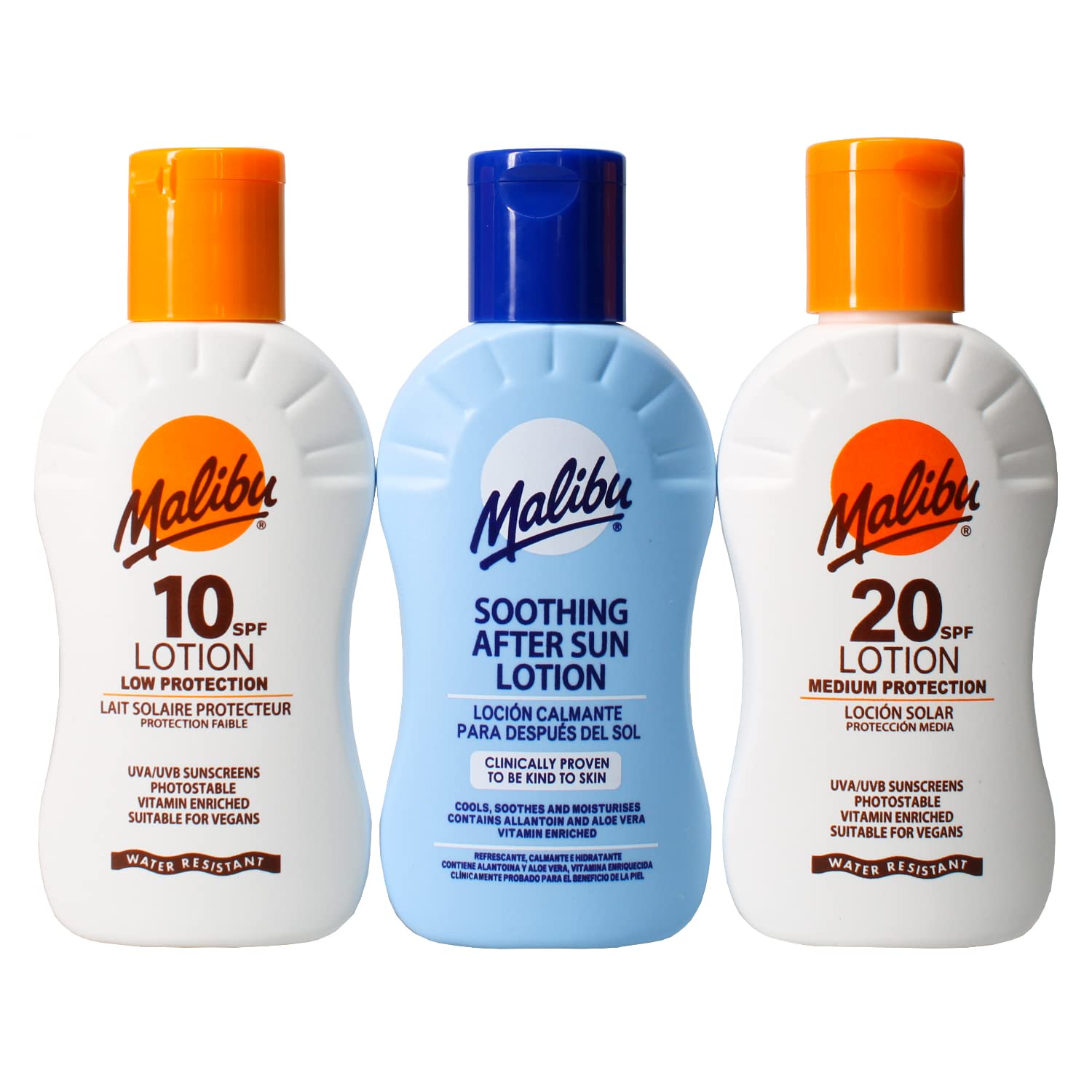Malibu Sun Protection Travel Size Tanning Pack 1 x SPF 20 1 x SPF 10 Sun Tan Lotion & 1 x After Sun Aloe Vera Lotion Kit