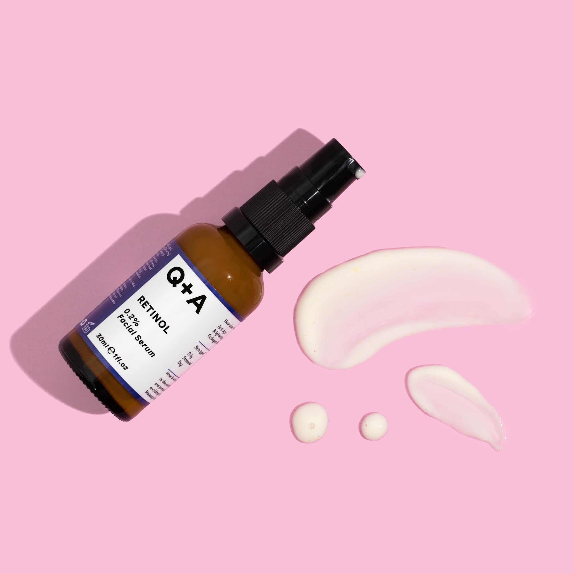 Q+A Retinol Facial Serum, with Bisabobol and Squalane to sooth the skin whilst delivering youth-boosting benefits, targets fine lines, renews uneven skin tone, and leaves skin feeling smooth, 30ml