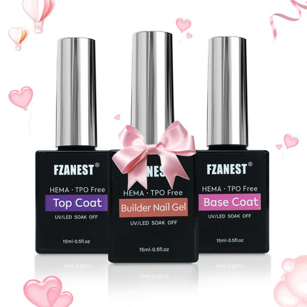 FZANEST Builder Nail Gel With Top and Base Coat HEMA Free, 15ml * 3pcs Gel Polish Kit for Nail Thickening Apex Extension Soak Off No Wipe Top Finish Base LED Lamp Cured