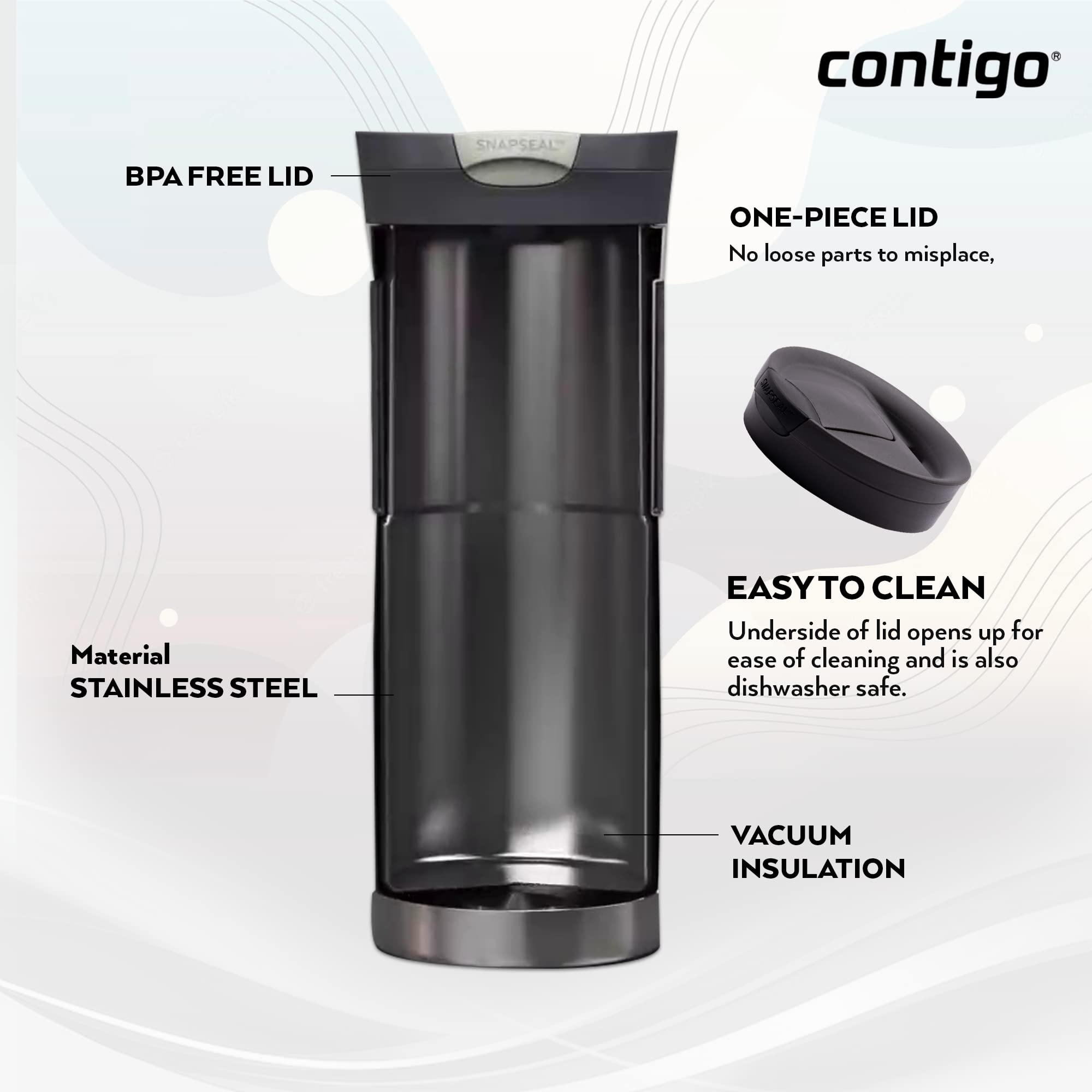 Contigo Byron Snapseal Travel Mug, Stainless Steel Thermal Mug, Vacuum Flask, Leakproof Tumbler, Coffee Mug with BPA Free Easy-Clean Lid, 470 ml, Matte Black
