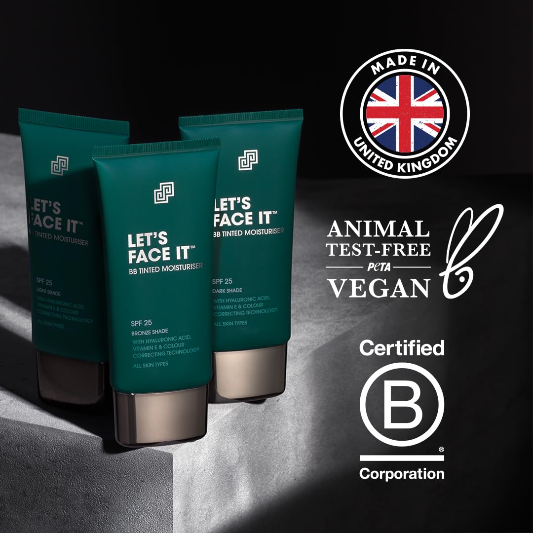 Shakeup Cosmetics Mens Tinted Moisturiser, Vegan Makeup for Men, Natural Coverage for Redness & Blemishes, 24hr Moisturisation with SPF, Easy Application, Medium Shade, 50ml. Aka. LET'S FACE IT