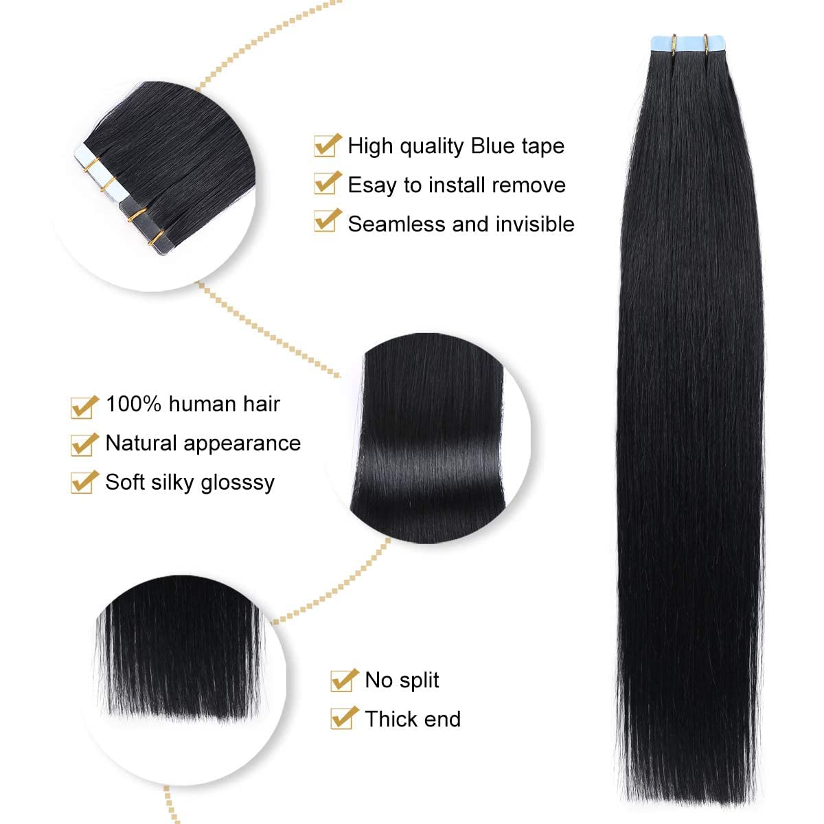 YILITE Tape in Hair Extensions Human Hair #1 Jet Black 16 inch 20pcs 40g/pack Invisible Straight Seamless Skin Weft Remy Hair Extensions Tape in Human Hair(16 inch #1 Jet Black)
