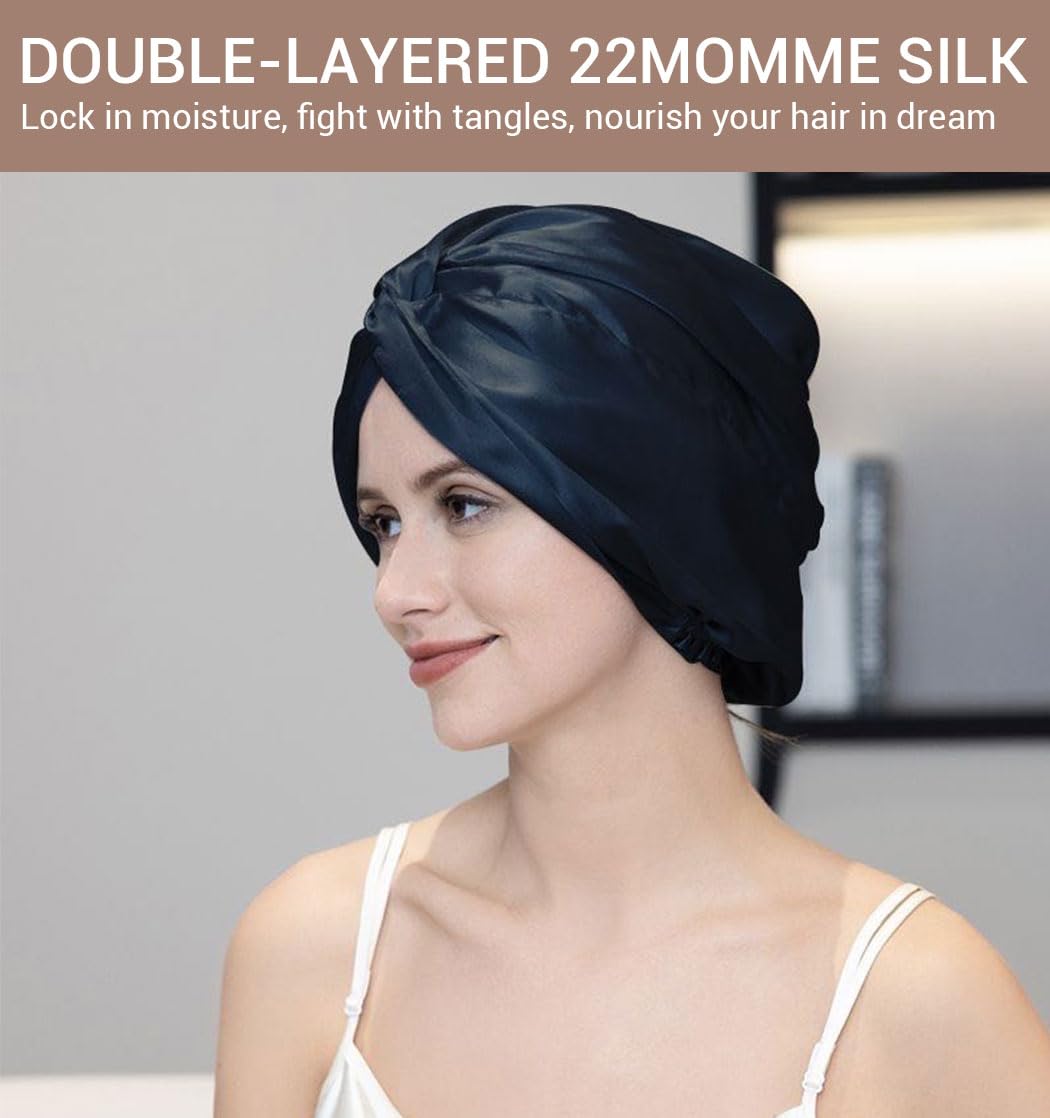 LaCourse 100% Genuine 22Momme Silk Bonnet for Sleeping, Double-Layered Mulberry Silk Hair Wrap with Premium Elastic Stay on Head. (One Size, Navy Blue)