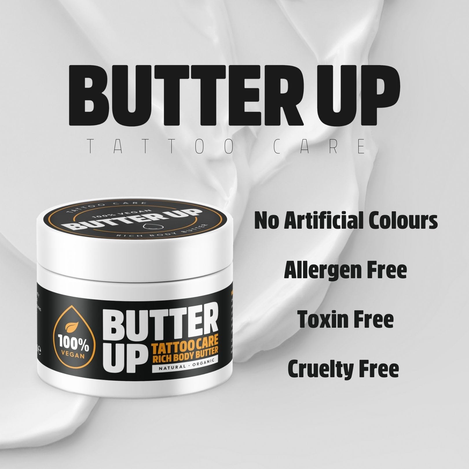 Butter Up Tattoo Aftercare - Heals & Brightens Tattoos, Vegan, Natural, Organic, Cruelty Free, Rich Creamy Body Butter 100ml