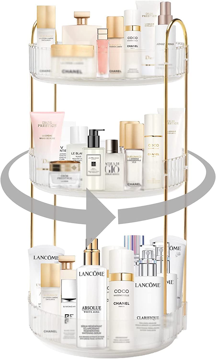 Bingobang Makeup Organiser 360 Rotating, Spinning 3 Tiers Skincare Cosmetic Organizer Acrylic Large, Tidy Storage Shelf for Perfume, Jewelery, Brush, Vanity Desk, Dresser, Bedroom, Bathroom (White)