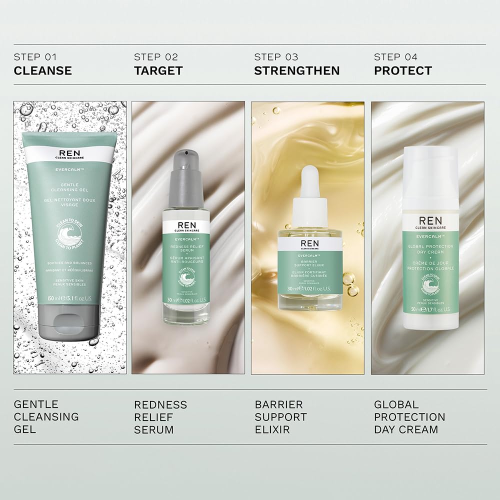 REN Evercalm Gentle Cleansing Gel for Sensitive Skin, 150ml - Non-Stripping Face Wash with Prebiotics and Beta-Glucan, Soothing Cleanser for Redness Relief and Daily Dirt Removal, Dermatologist-Tested