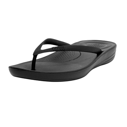 FitFlop Women's iQushion Rubber Flip-Flips with Contoured Footbed for Walking, Lightweight Ergonomic Flip Flop Sandals with Arch Support and Foot Impact Pillows, All Black, 8 US Women