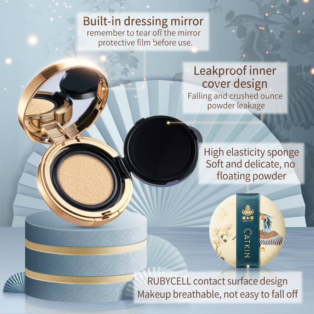 CATKIN SUMMER PALACE Foundation for Mature Skin, Full Coverage Foundation with Lightweight and Breathable Formula, Refillable Cushion, 13g*2