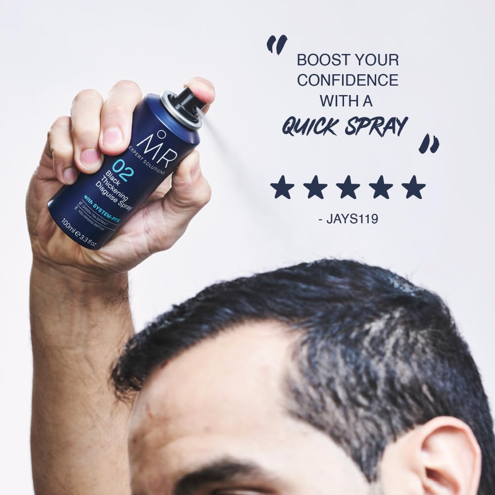 MR Black Thickening Disguise Spray for Men, Conceals Bald Patches and Thinning Hair + Protect Appearance of Thicker Hair with System PPX & Green Tea Extract, 100ml