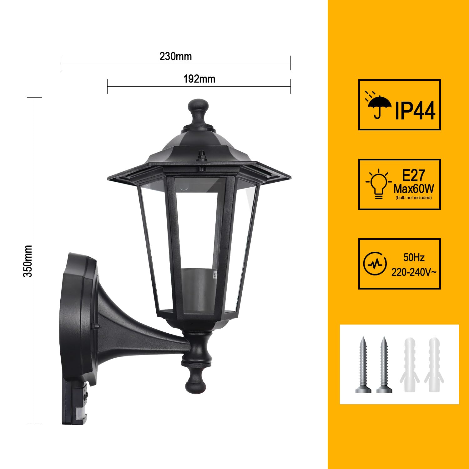 EXTRASTAR Outdoor 6 Sided Black Wall Lantern Security Light with PIR Motion Sensor IP44 Weatherproof with Lamp E27