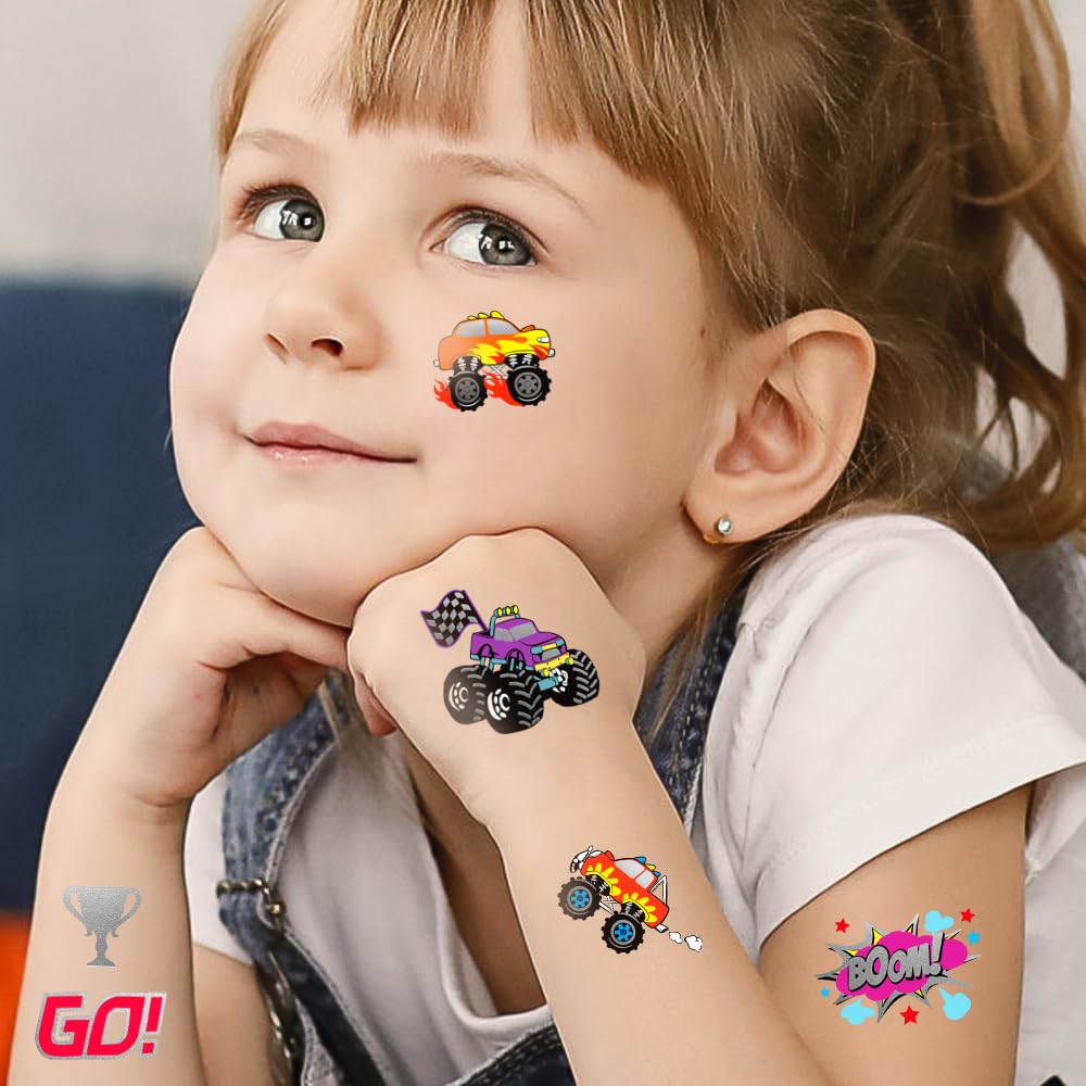 75 PCS Truck Temporary Tattoos for Kids, Groovy Metallic Styles Tattoos for Truck Wheels Birthday Party Supplies Racing Car Checkered Flag Trophy Flame Fake Tattoo Stickers for 5 6 7 8 Years Old Boys
