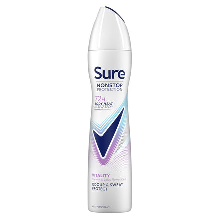 Sure Nonstop Protection Vitality Anti-Perspirant Aerosol Women's Deodorant Spray with Body Heat Activated tech. and a coconut & lotus flower scent for 72 hour odour and sweat protection 6x 250 ml