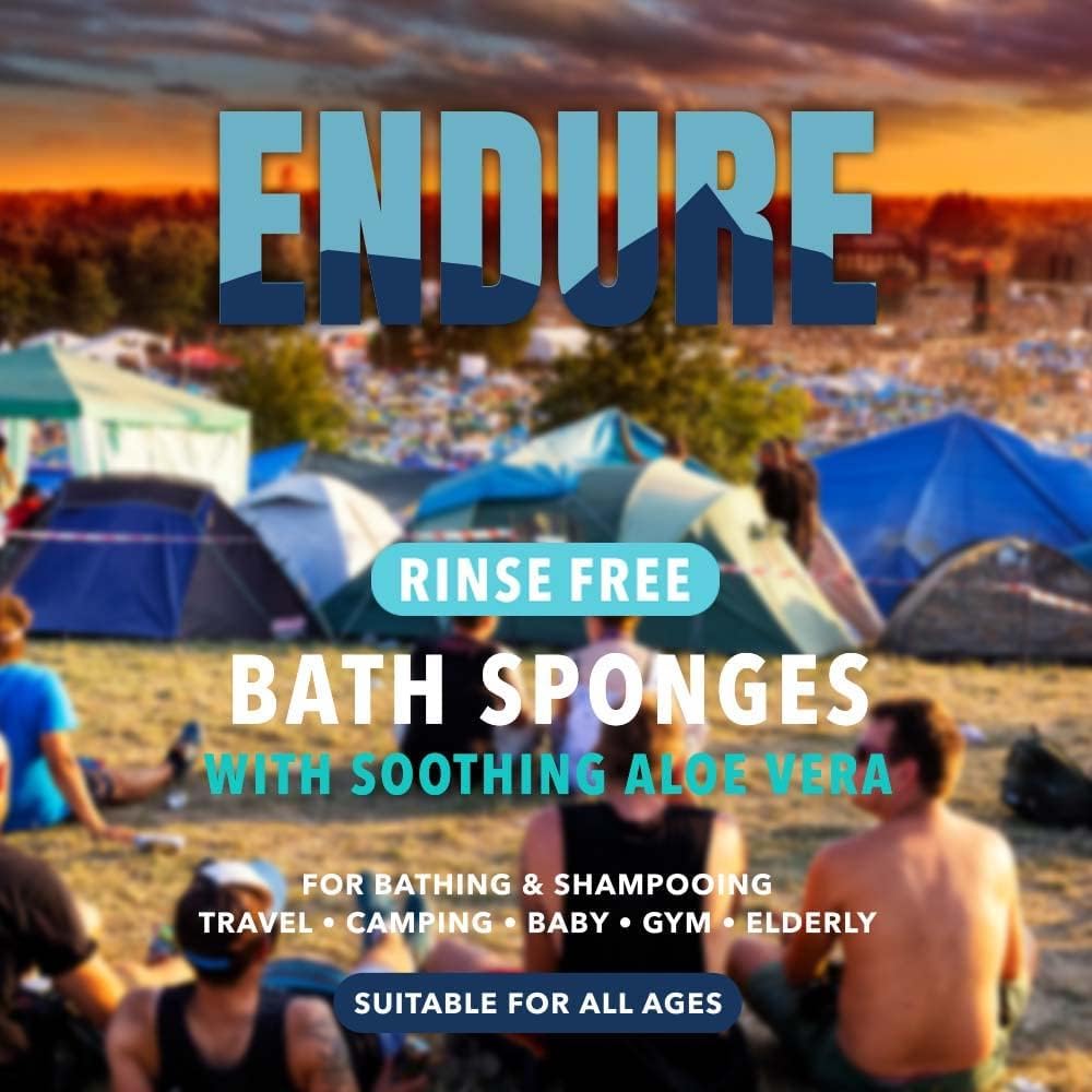 Endure Rinse Free Bath Shower Sponge - Body Wash Wipes for Bathing - Perfect for Camping, Festivals, Gym & Travel - Dry Wipes with Gentle Cleansing Soap. Just add Water. Twin Pack (25 Per Pack)