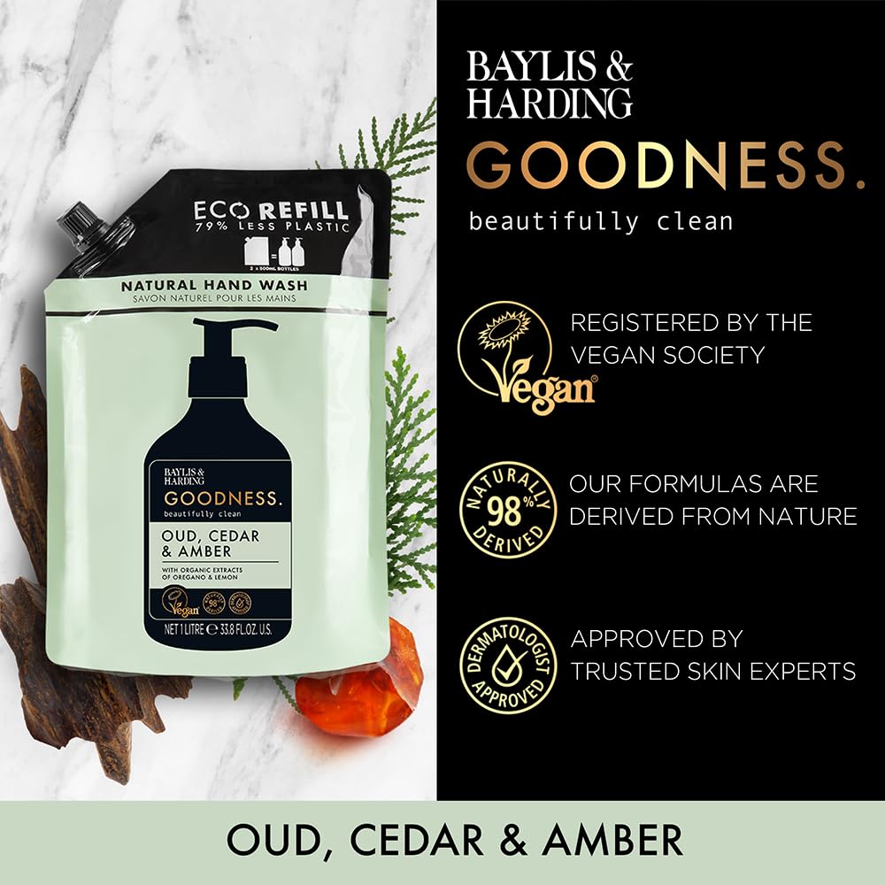 Baylis & Harding Goodness Oud, Cedar & Amber Hand Wash 1 Litre Pouch Refill (Pack of 4) - Vegan Friendly