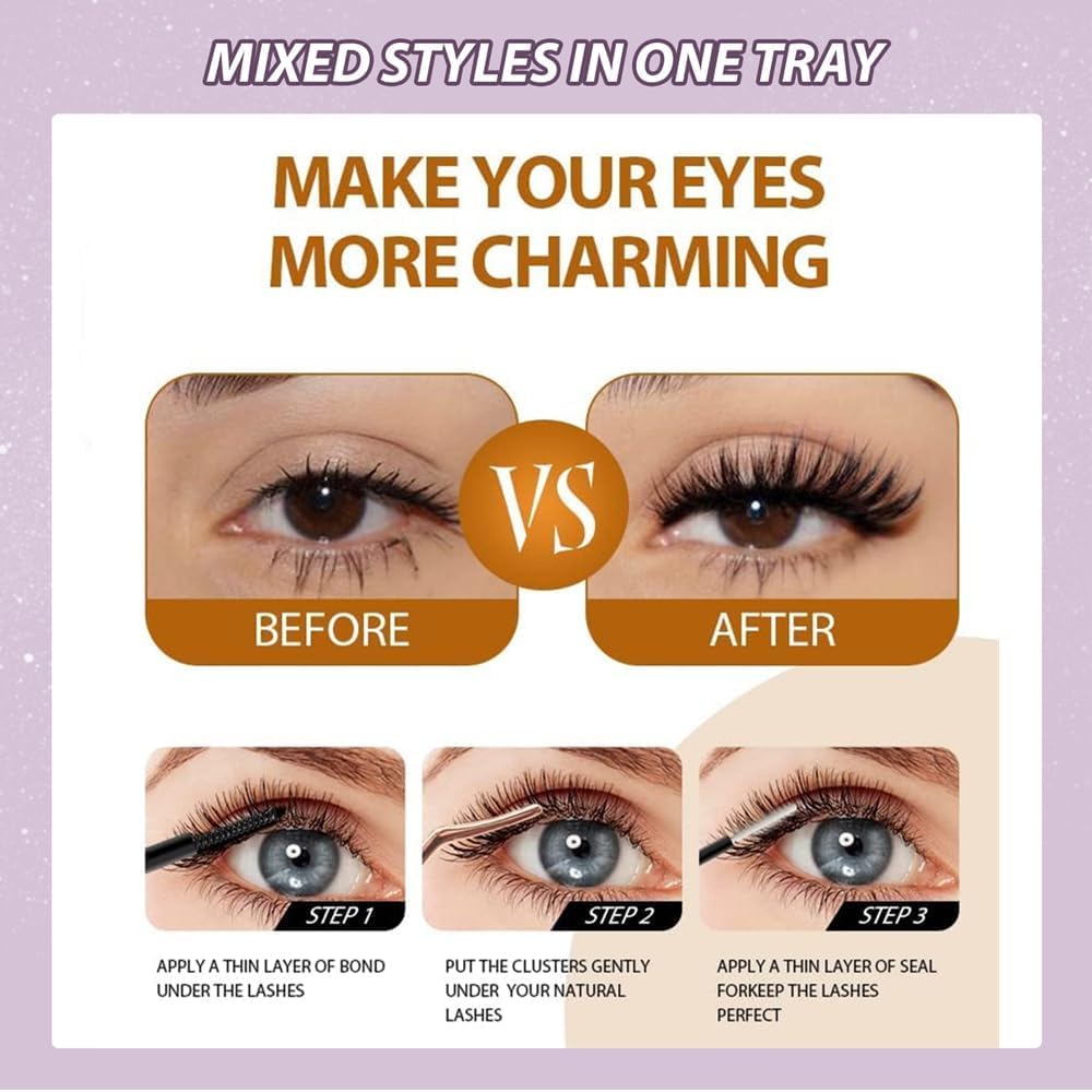 Individual Eyelashes Cluster Lashes Kit 40D+50D+60D+80D Lashes Individual Cluster Kit 8-16MM Lash Cluster Kit with Lash Bond and Seal Tweezers Remover Brush lash Extension Kit DIY at Home(C02 KIT)