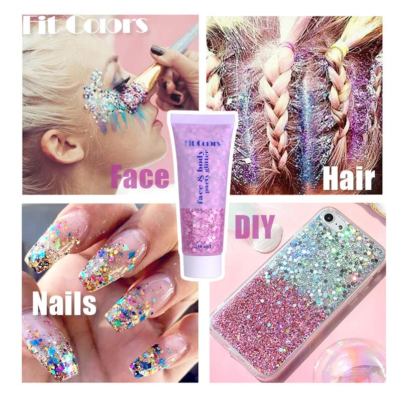 Beliky Girl Body Glitter Gel, 50ML Face Glitters Body Gel Sequins Shimmer Liquid Eyeshadow, Mermaid Sequins Liquid Holographic Glitter Gel, Chunky Glitter for Face Hair Nails Set 6Pcs