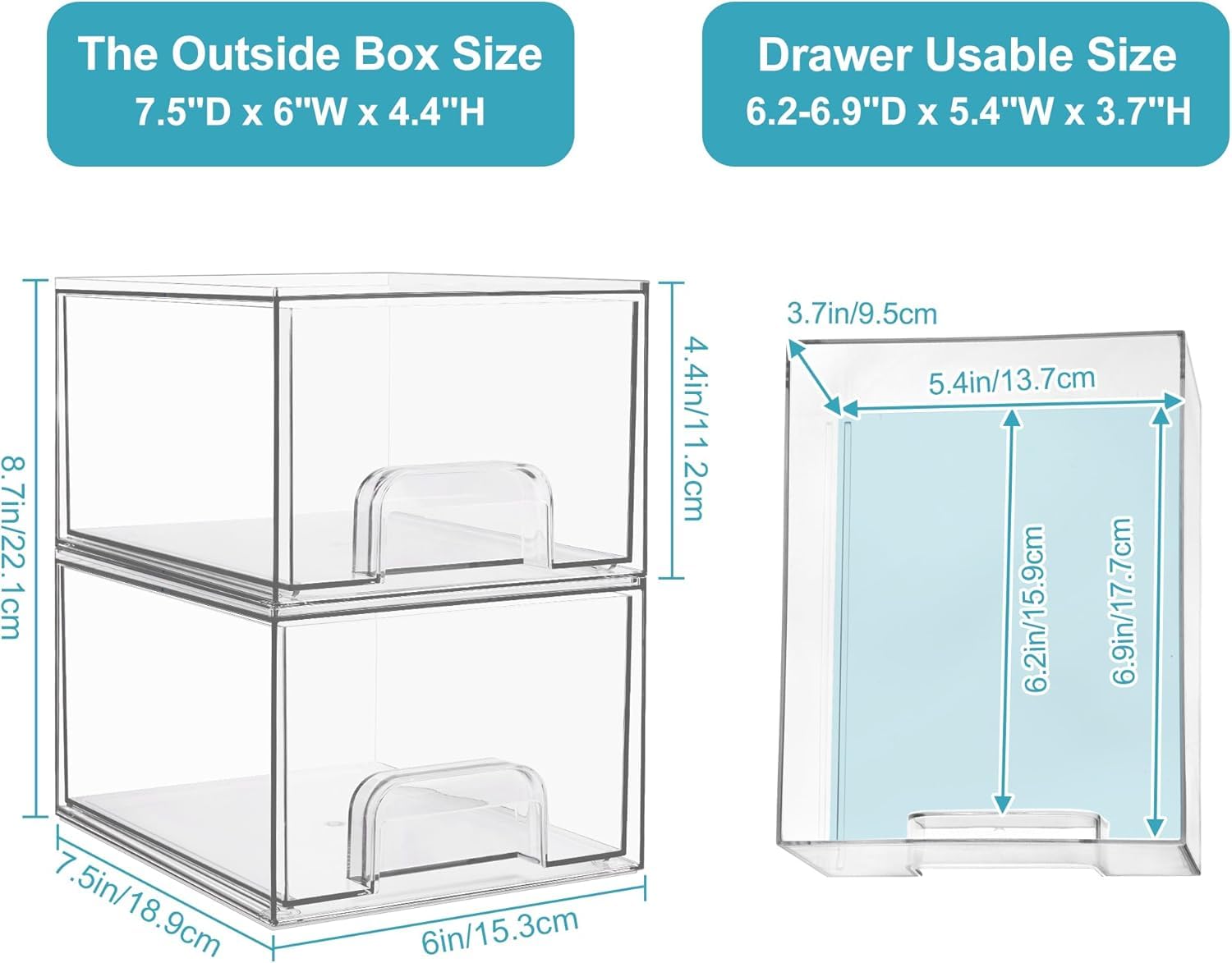 Vtopmart 4 pack Clear Stackable Storage Drawer, 4.4 Inch Tall Acrylic Bathroom Makeup Organiser, Plastic Storage box for Vanity, Under Sink, Kitchen Cupboard, Pantry, Home Organization