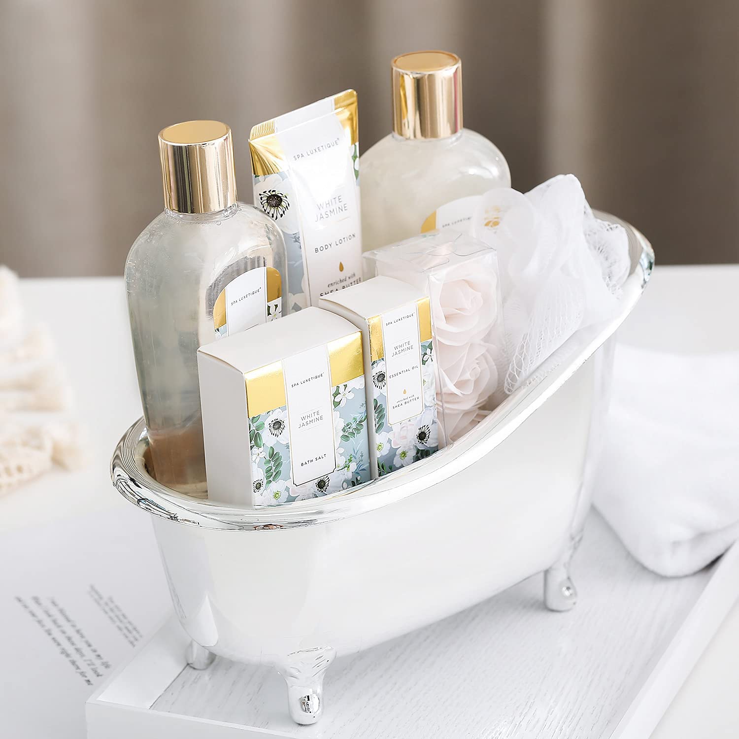 Spa Luxetique Spa Gift Set,Pamper Gift Sets for Women, 8pcs Jasmine Bath Gifts Sets with Essential Oil,Body Lotion,Bath Bombs,Mum Gifts, Mothers Day Gifts Birthday Gifts for Women Valentines Gifts