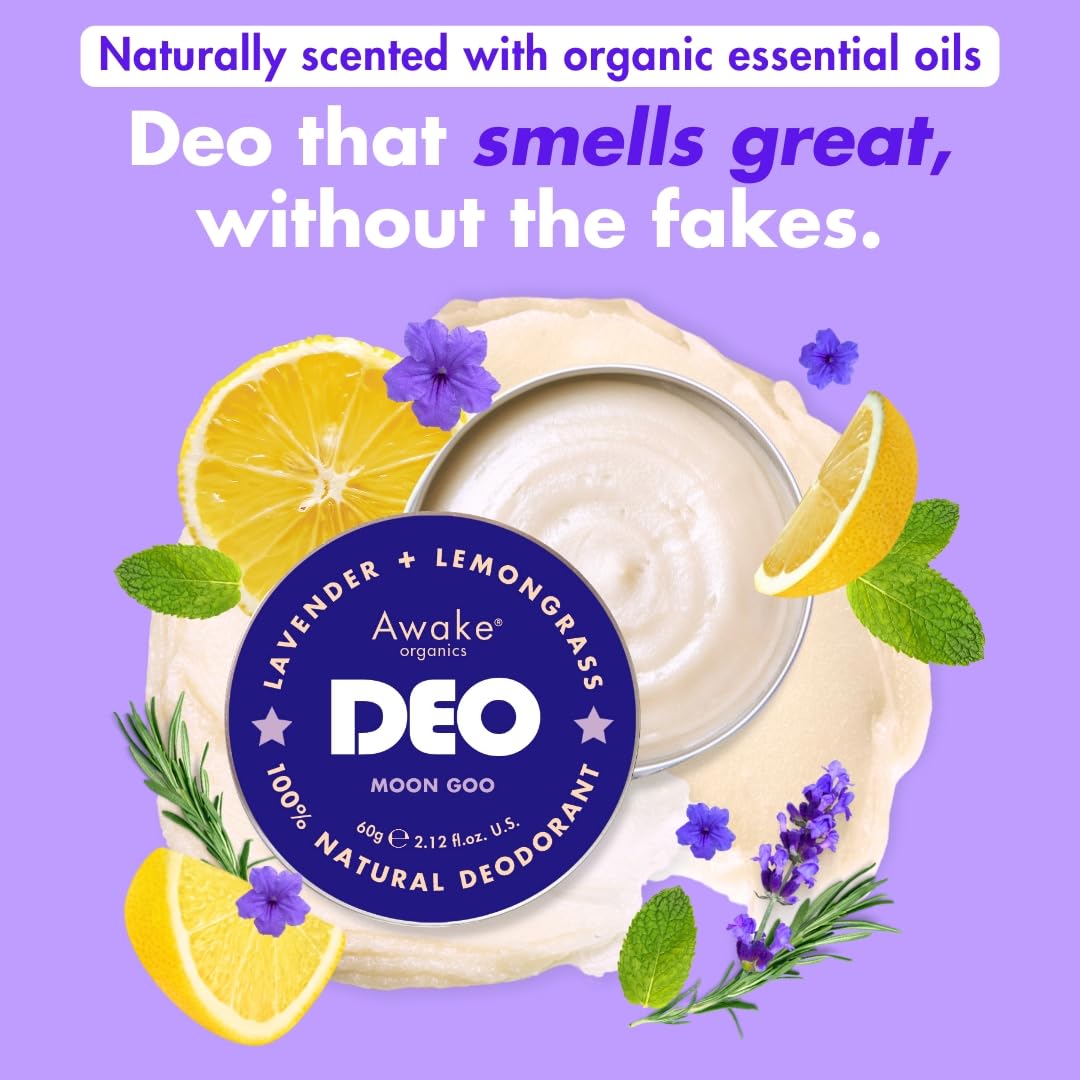 Awake Organics Natural Deodorant Balm - Moon Goo, 60g. Extra Strength. Lavender + Lemongrass. No Aluminium, Plastic Free, Cruelty Free. With Bicarb (Baking Soda) & Beeswax. Made in England.