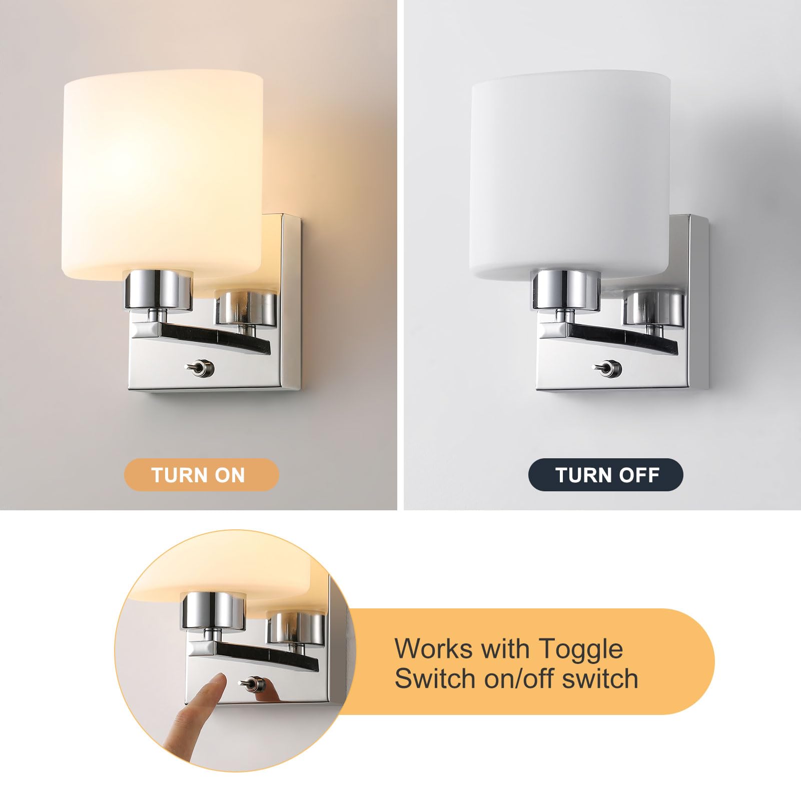 ELINKUME 1xE14 Wall Light with ON/Off Toggle Switch, Polished Chrome Finish, Oval Cylinder Shape Glass Shade, Suitable for LED Upgrade