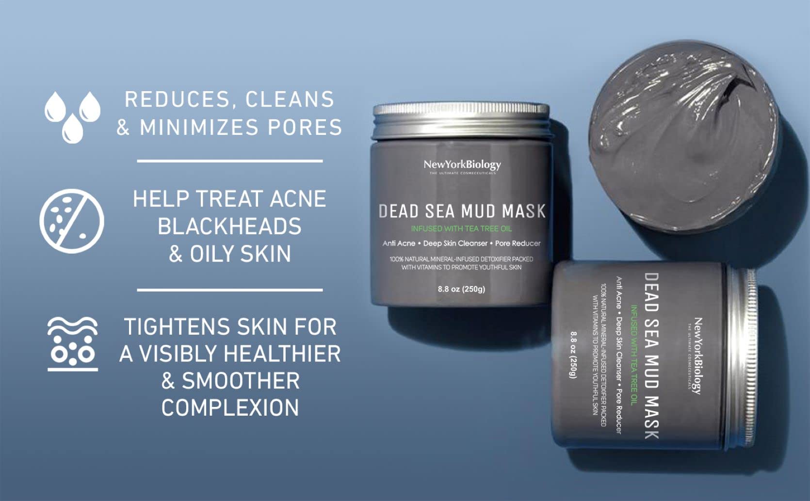 New York Biology Dead Sea Mud Mask for Face and Body Infused with Tea Tree - Spa Quality Pore Reducer for Acne, Blackheads and Oily Skin - Tightens Skin for A Healthier Complexion - 250 g