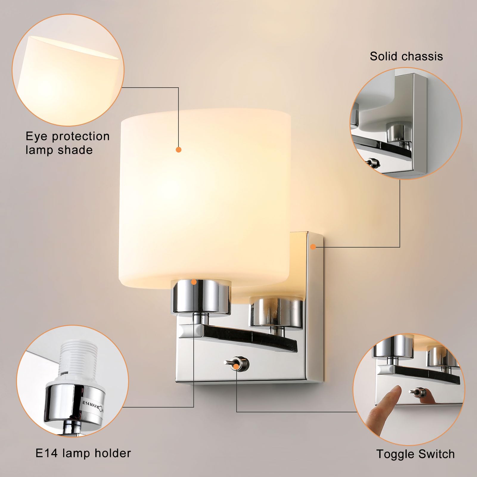 ELINKUME 1xE14 Wall Light with ON/Off Toggle Switch, Polished Chrome Finish, Oval Cylinder Shape Glass Shade, Suitable for LED Upgrade