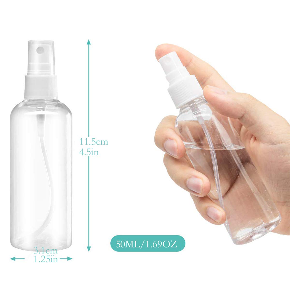 Spray Bottles, 1.69oz/50ml 3.38oz/100ml Clear Empty Fine Mist Plastic Mini Travel Bottle Set, Small Refillable Containers with Labels (3pcs 50ml)
