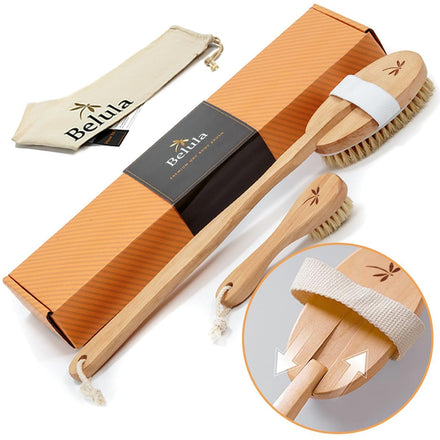 Belula Premium Dry Brushing Body Brush Set- Natural Boar Bristle BodyBrush, Exfoliating FaceBrush & One Pair Bath & Shower Gloves. Free Bag & How to – Great Gift for A Glowing Skin & Healthy Body