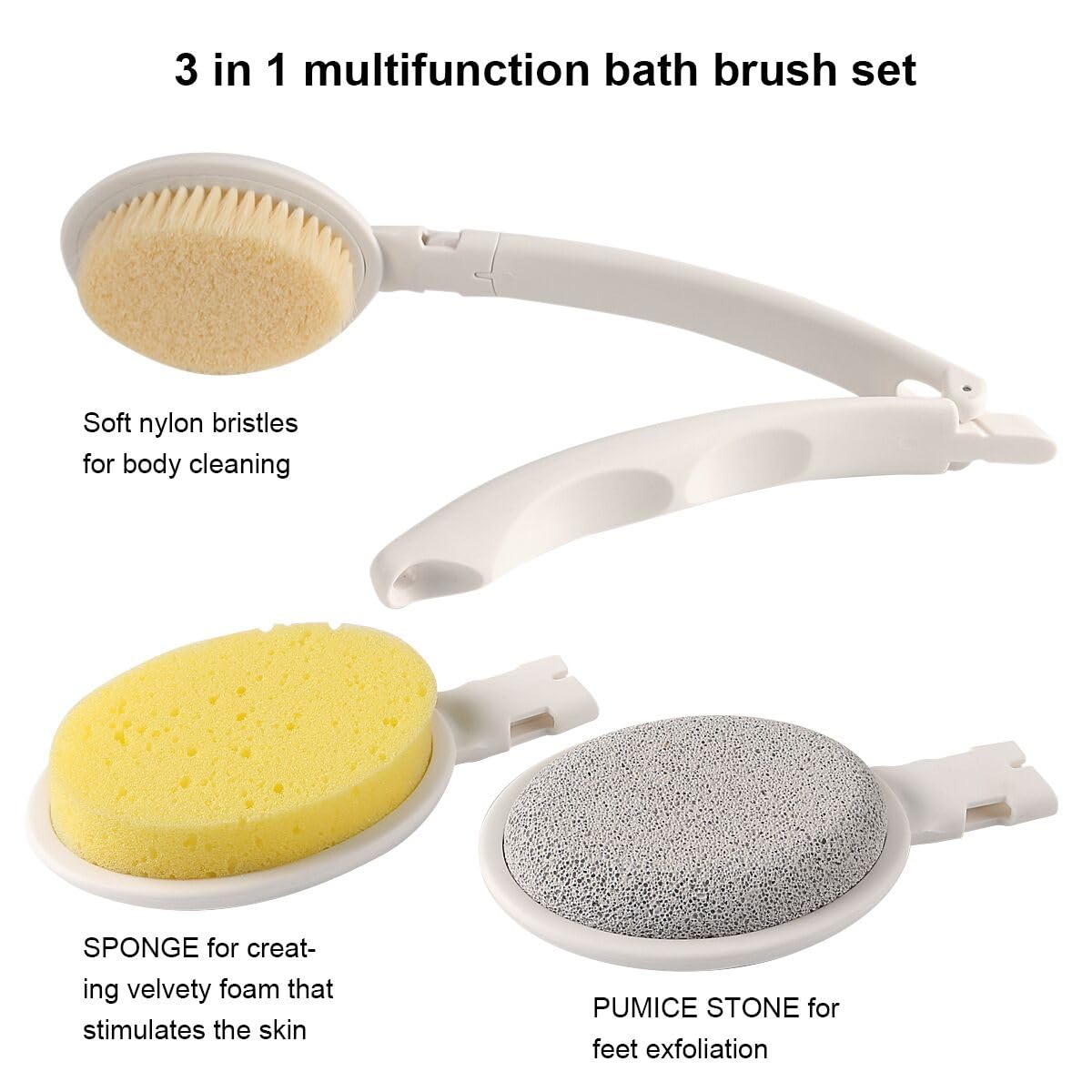 LFJ Bath Brush, 3 in 1 Foldable Long Handle Body Back Scrubber with Brush Sponge Pumice Head for Shower, Exfoliating or Dry Skin Brushing