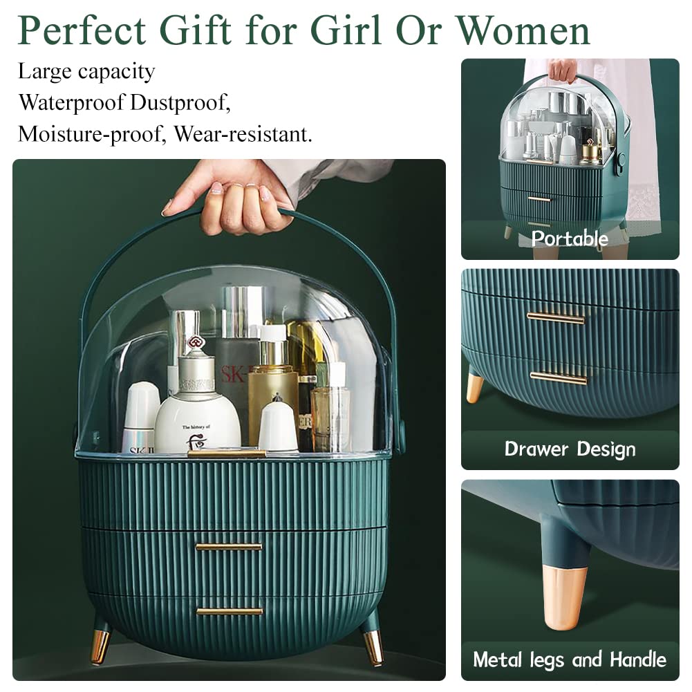 Multi-Function Make Up Case Dustproof Cosmetic Storage Box, Organizer Skin Care Products Jewelry Organizer Finishing Box for Bedroom Bathroom Desktop (Dark Green)