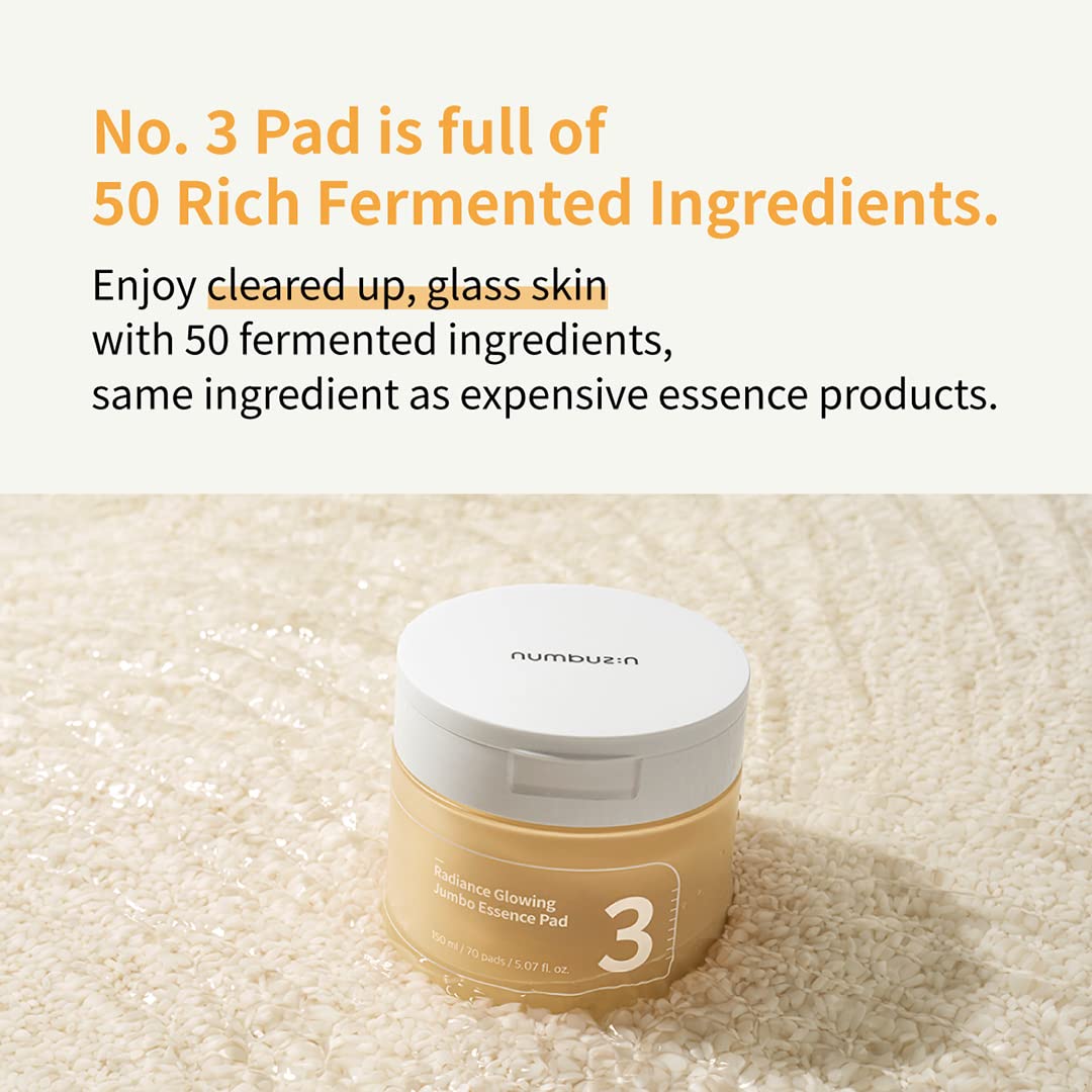 numbuzin No.3 Toner Pads | Radiance Glowing Jumbo Essence Pad | Clear Glass Skin, Texture Care | Biodegradable Vegan Pads, Fermented Ingredients, Niacinamide | 70 pads/5.07 fl. oz.