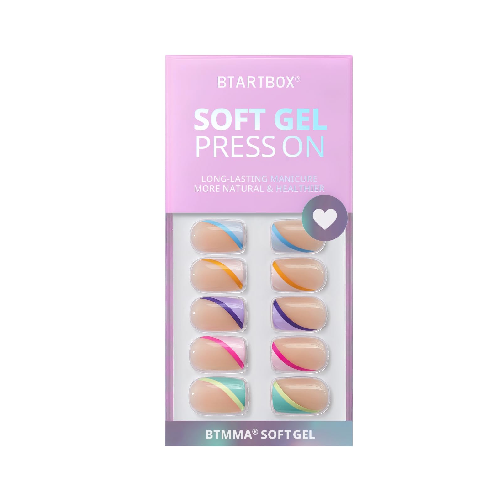 BTArtbox Press On Nails Short, 30 Pcs French Tip False Nails With Nail Glue and Adhesive Nail Tabs, No Fade Out Stick On Nails in 15 Sizes, Soft Gel Glue On Fake Nail for Women, Pastel Curves
