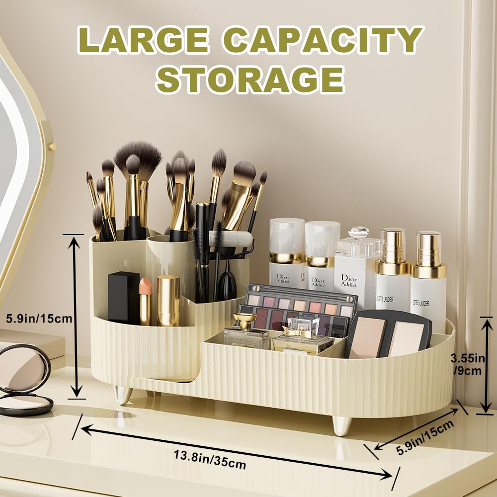 BULLA Makeup Organiser, 360 Rotating Makeup Organiser, Rotating Compartment 2 In 1 Cosmetic Storage, Makeup Organizer Storage Is Perfect for Dresser, Bathroom, Bedroom (Milky White)