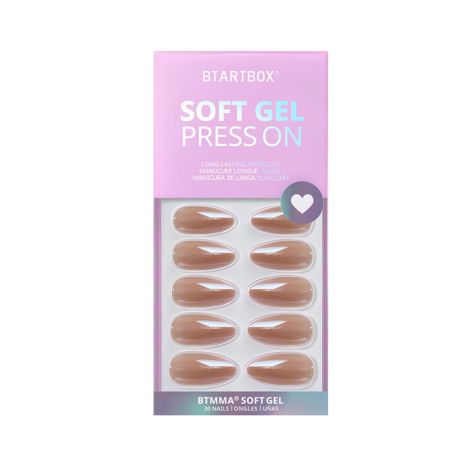 BTArtbox Press On Nails Almond - Medium False Nails in 15 Sizes, 30Pcs Soft Gel Chrome Fake Nail with Glue, Light Weight & Fit Perfectly, Natural Stick on Nails for Women, Chocolate Glazed
