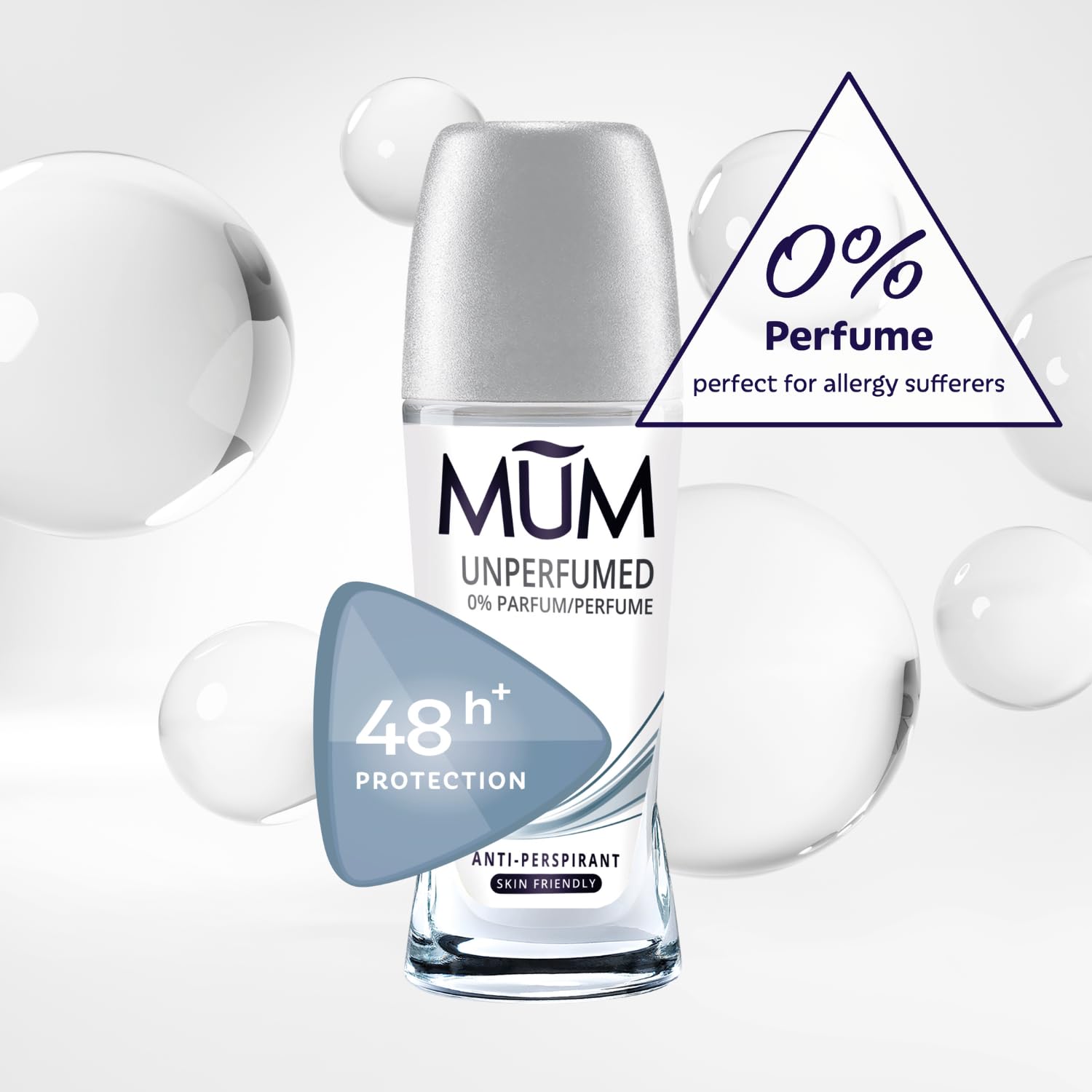Mum Unperfumed Roll On Deodorant, 48 Hours Plus Protection, Alcohol Free Womens Mens Deodorant, Anti-Perspirant, Vegan, Sustainable Glass Bottle, Fragrance Free, 50 ml, Pack of 6